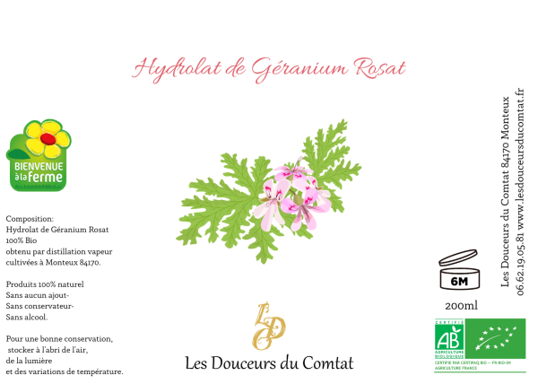 HYDROLAT DE GÉRANIUM ROSAT BIO 100% Vaucluse